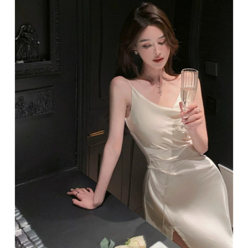 Satin Slip Dress for Women Sexy Elegant Korean Style Bodycon Long Side Slit